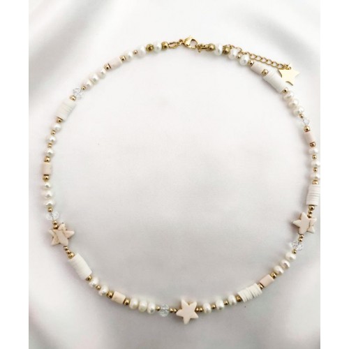 Rankų darbo vėrinys su gėlavandeniais perlais baltas